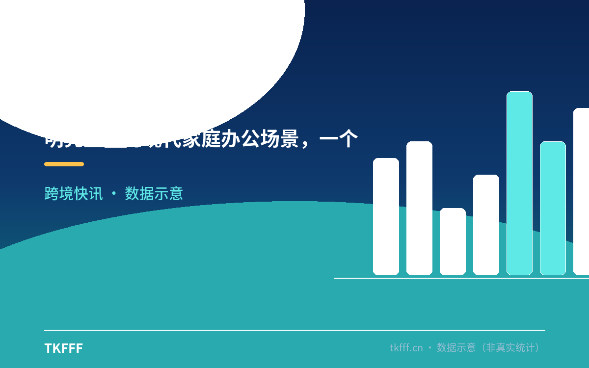 明亮蓝色的现代家庭办公场景,一个跨境卖家坐在书桌前,身边悬浮着六个发光的半透明 AI 智能体图标