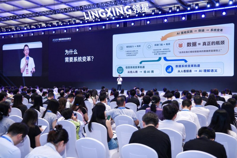 2026 领星跨境电商 AI 峰会主会场,嘉宾演讲与「数据=真正的瓶颈」议题板