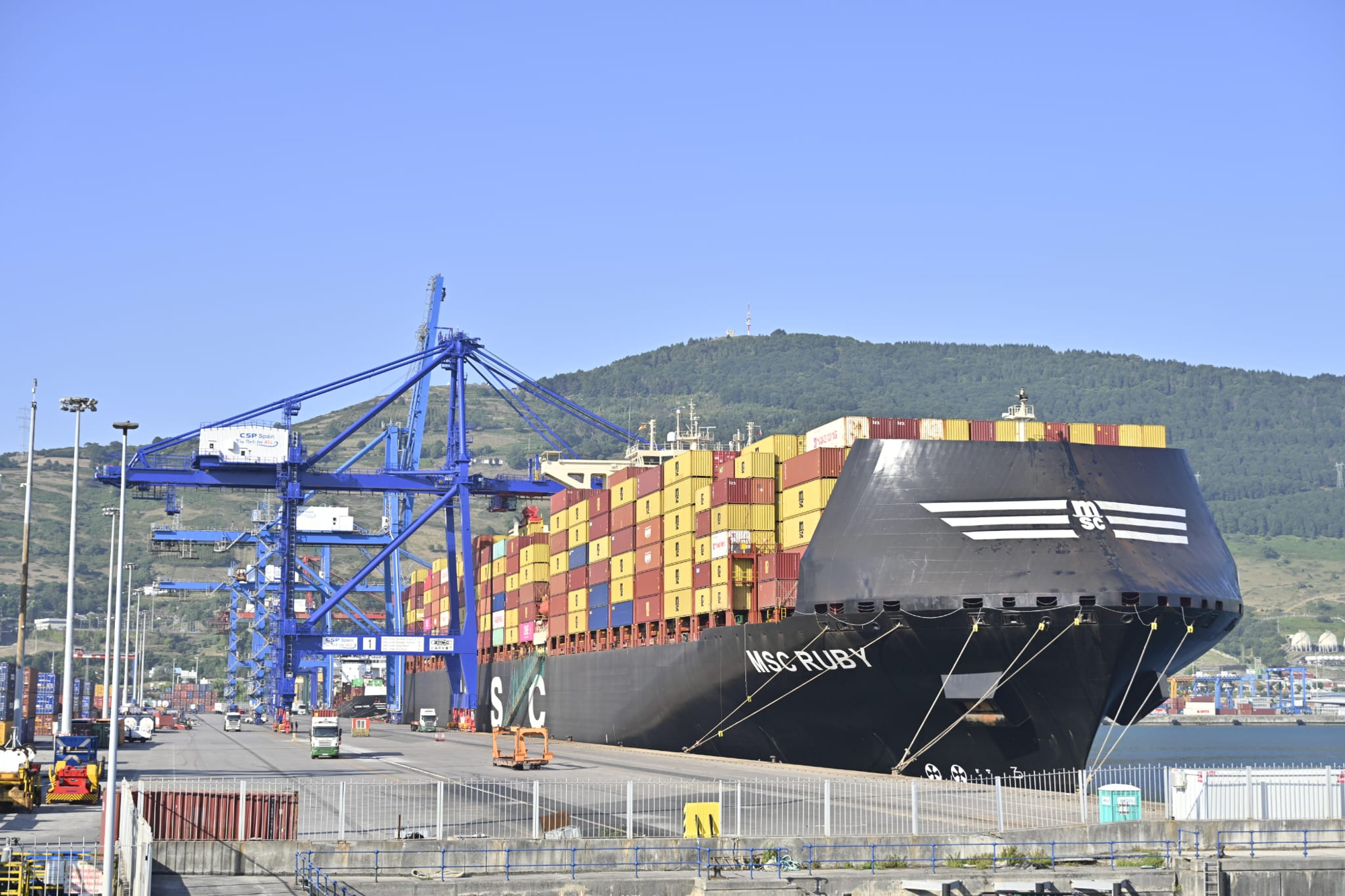 MSC Ruby轮停靠西班牙毕尔巴鄂港,船上满载各色集装箱靠岸作业