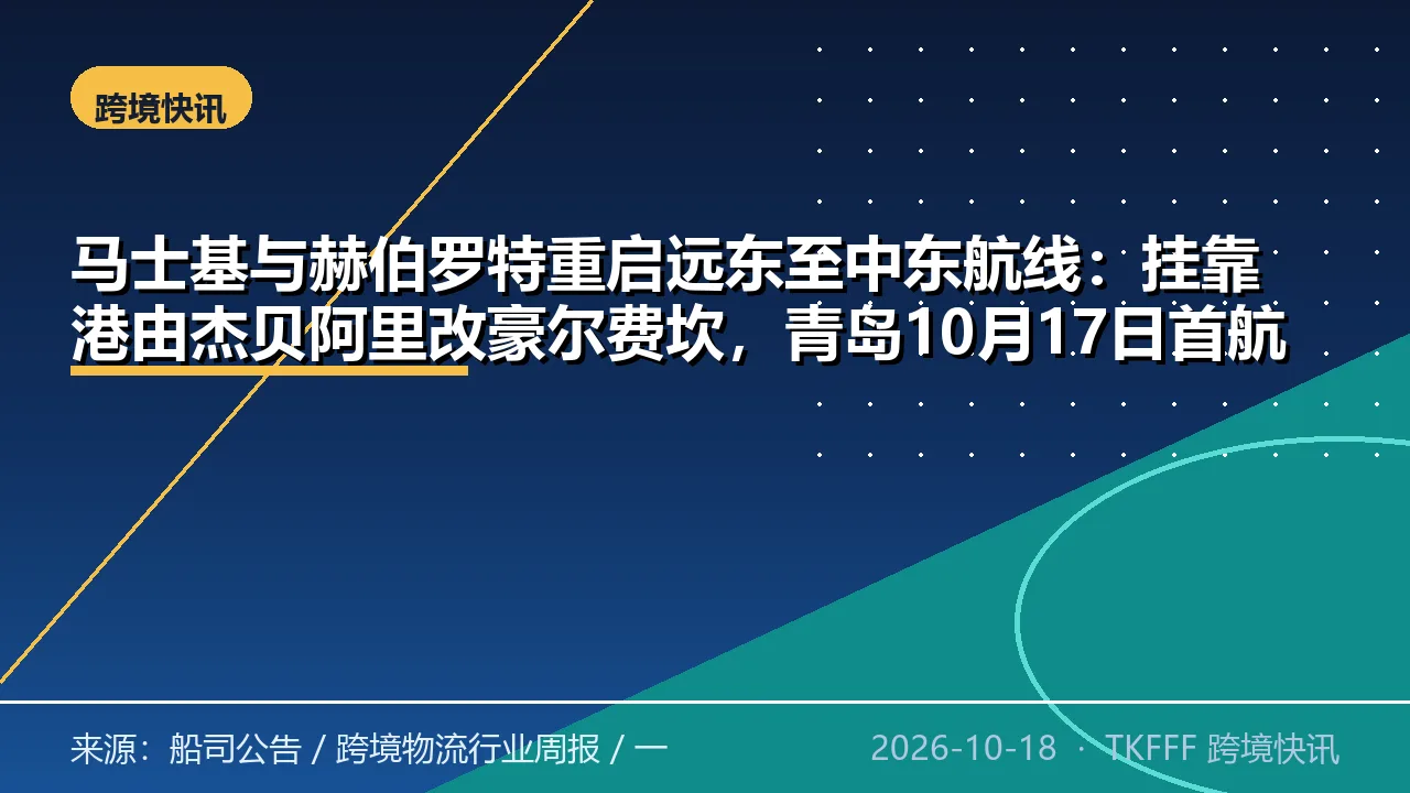 马士基与赫伯罗特重启远东至中东航线：挂靠港由杰贝阿里改豪尔费坎，青岛10月17日首航、40尺箱破1万美元