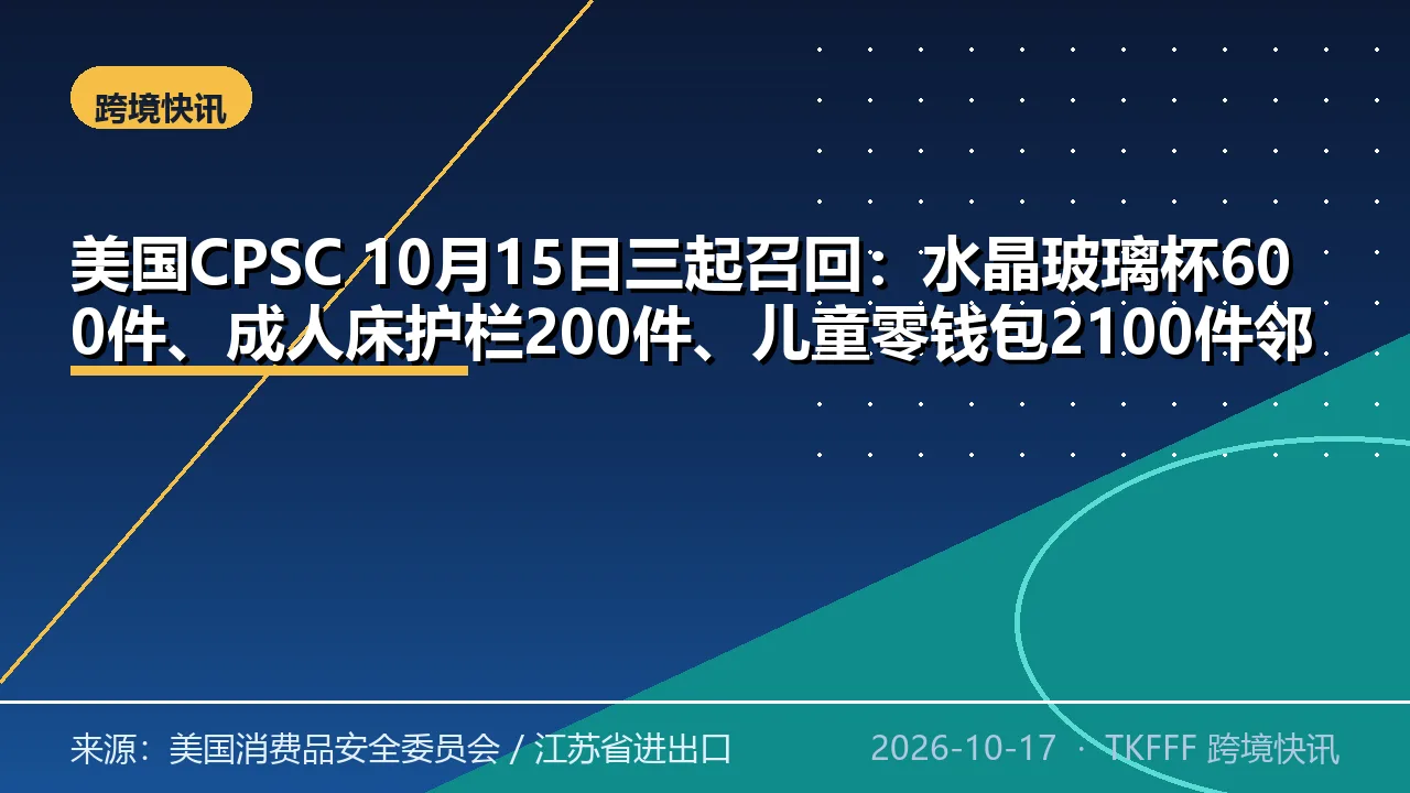 美国CPSC 10月15日三起召回：水晶玻璃杯600件、成人床护栏200件、儿童零钱包2100件邻苯超标