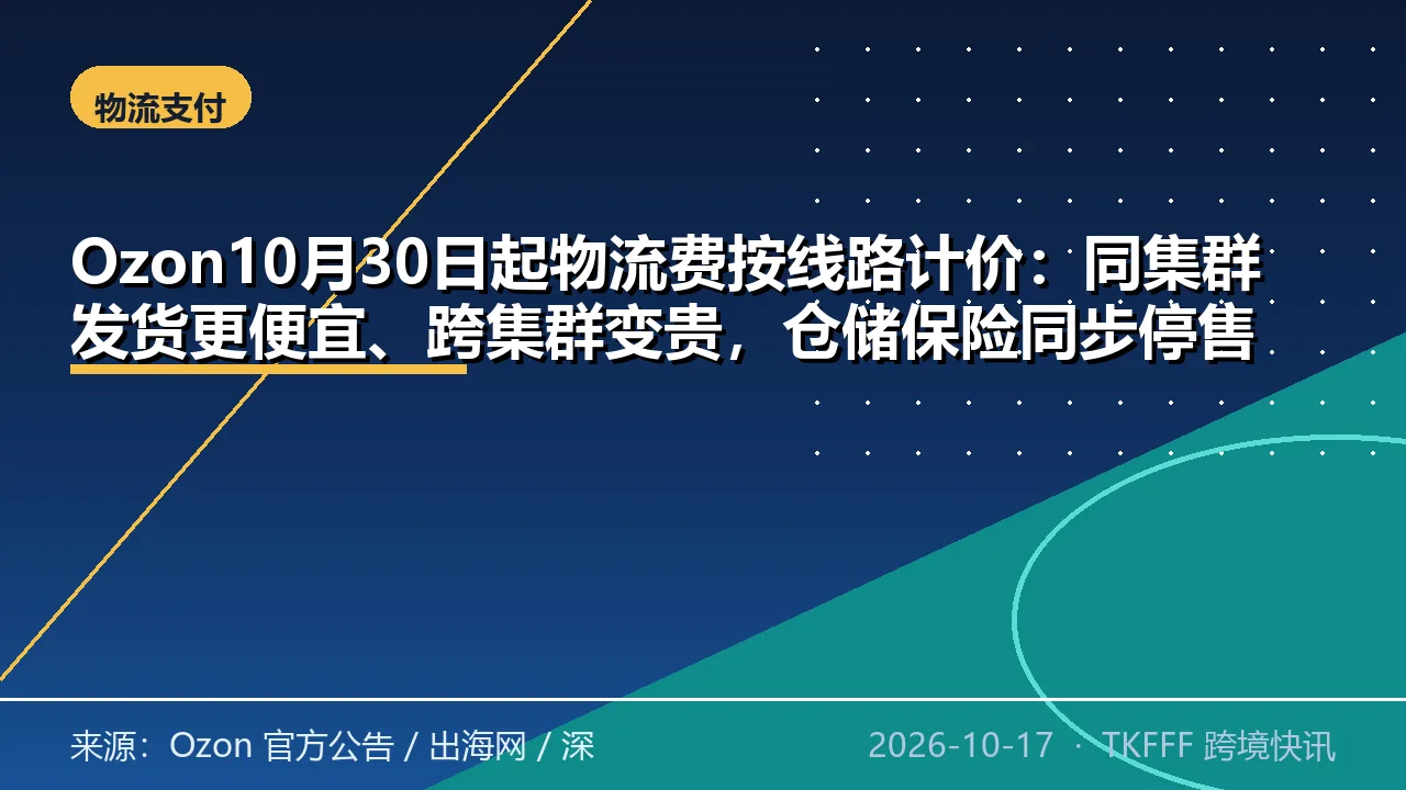Ozon10月30日起物流费按线路计价：同集群发货更便宜、跨集群变贵，仓储保险同步停售