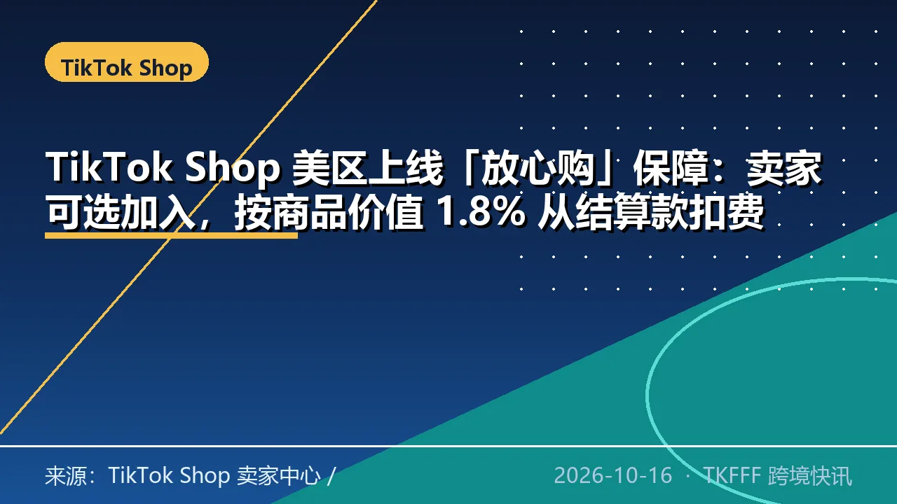 TikTok Shop 美区上线「放心购」保障：卖家可选加入，按商品价值 1.8% 从结算款扣费