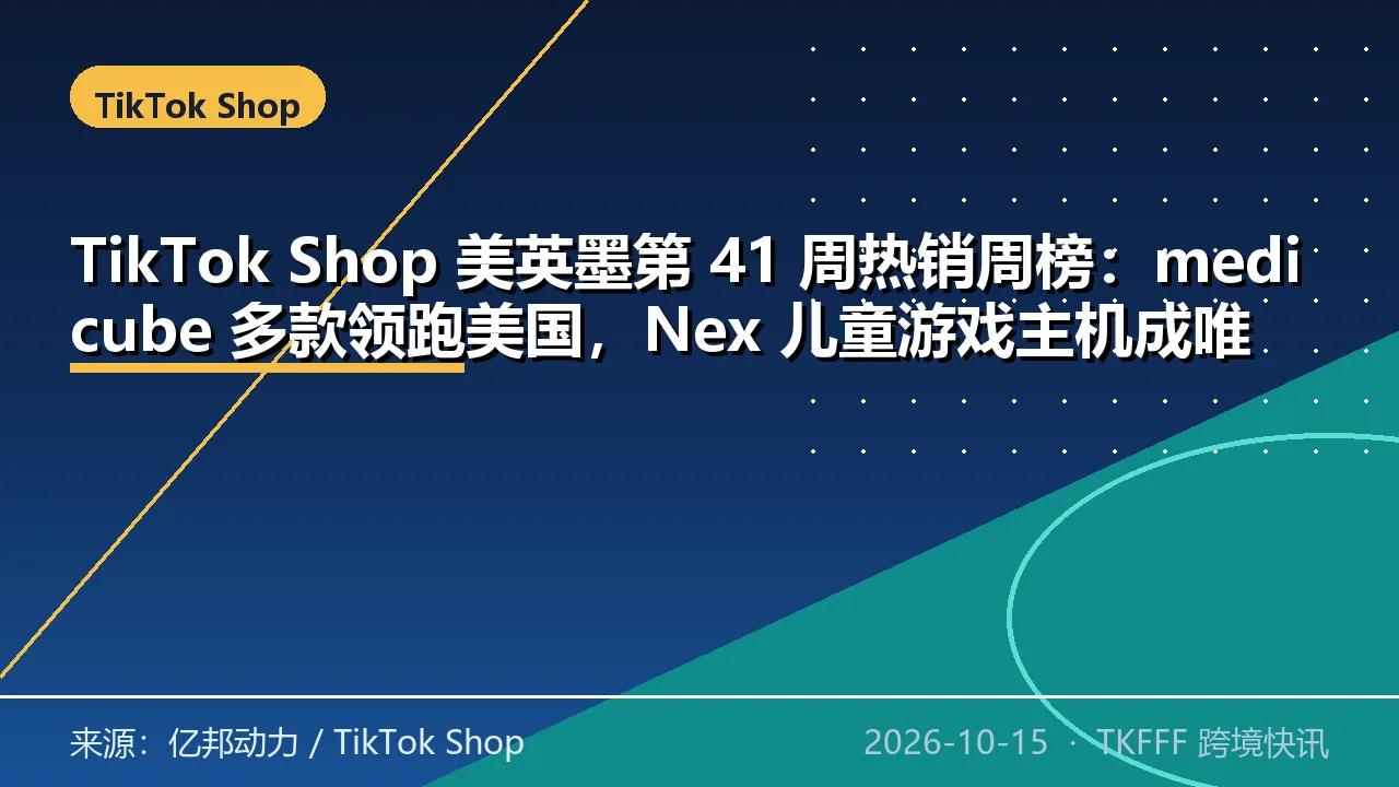 TikTok Shop 美英墨第 41 周热销周榜：medicube 多款领跑美国，Nex 儿童游戏主机成唯一英美双榜爆款