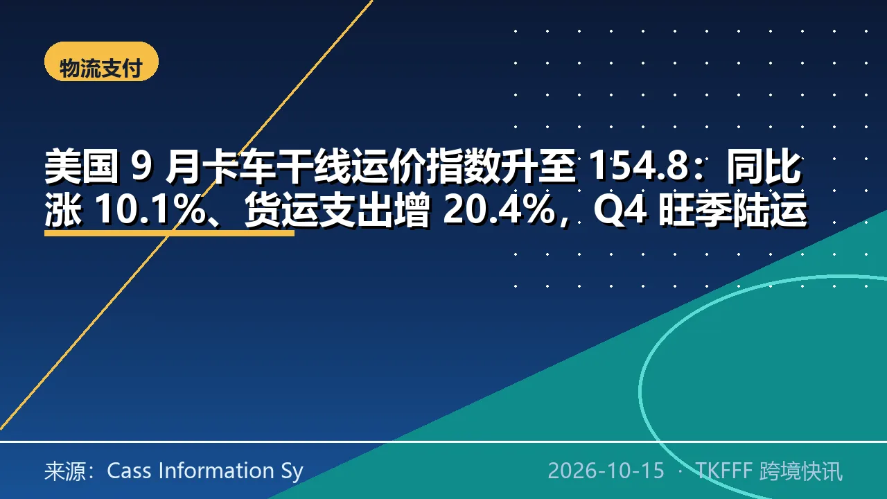 美国 9 月卡车干线运价指数升至 154.8：同比涨 10.1%、货运支出增 20.4%，Q4 旺季陆运成本继续抬升