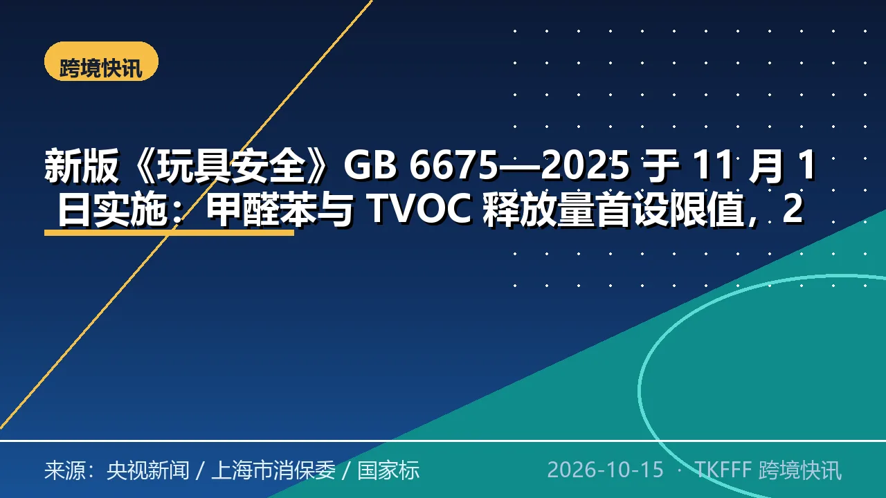 新版《玩具安全》GB 6675—2025 于 11 月 1 日实施：甲醛苯与 TVOC 释放量首设限值，2027 年 11 月起全面执行