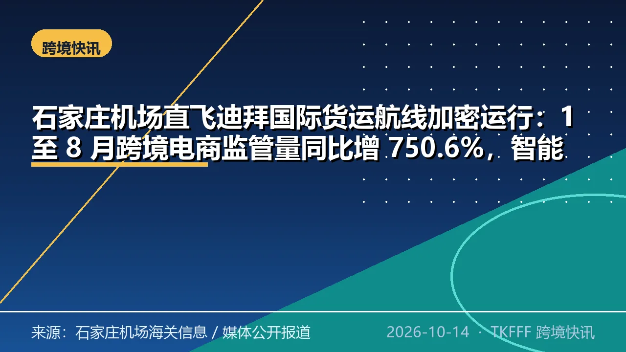 石家庄机场直飞迪拜国际货运航线加密运行：1 至 8 月跨境电商监管量同比增 750.6%，智能审单 6 小时内放行