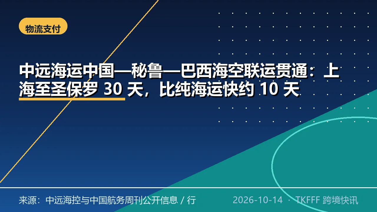 中远海运中国—秘鲁—巴西海空联运贯通：上海至圣保罗 30 天，比纯海运快约 10 天