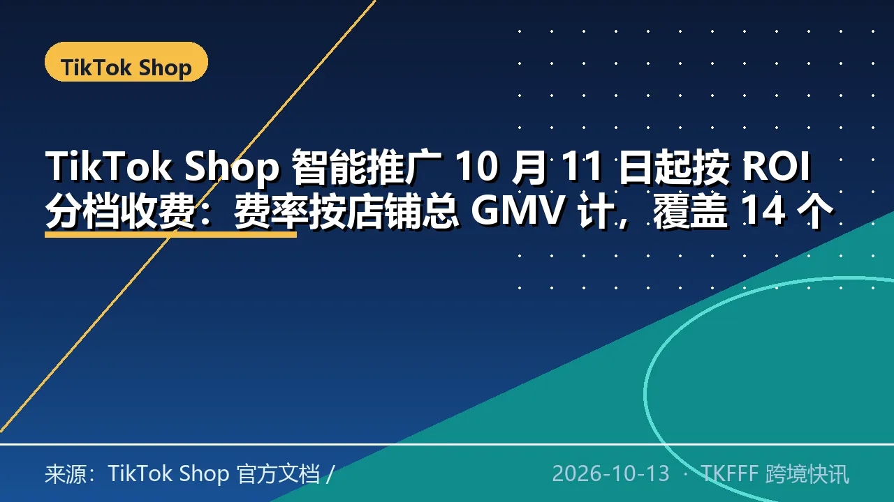 TikTok Shop 智能推广 10 月 11 日起按 ROI 分档收费：费率按店铺总 GMV 计，覆盖 14 个市场