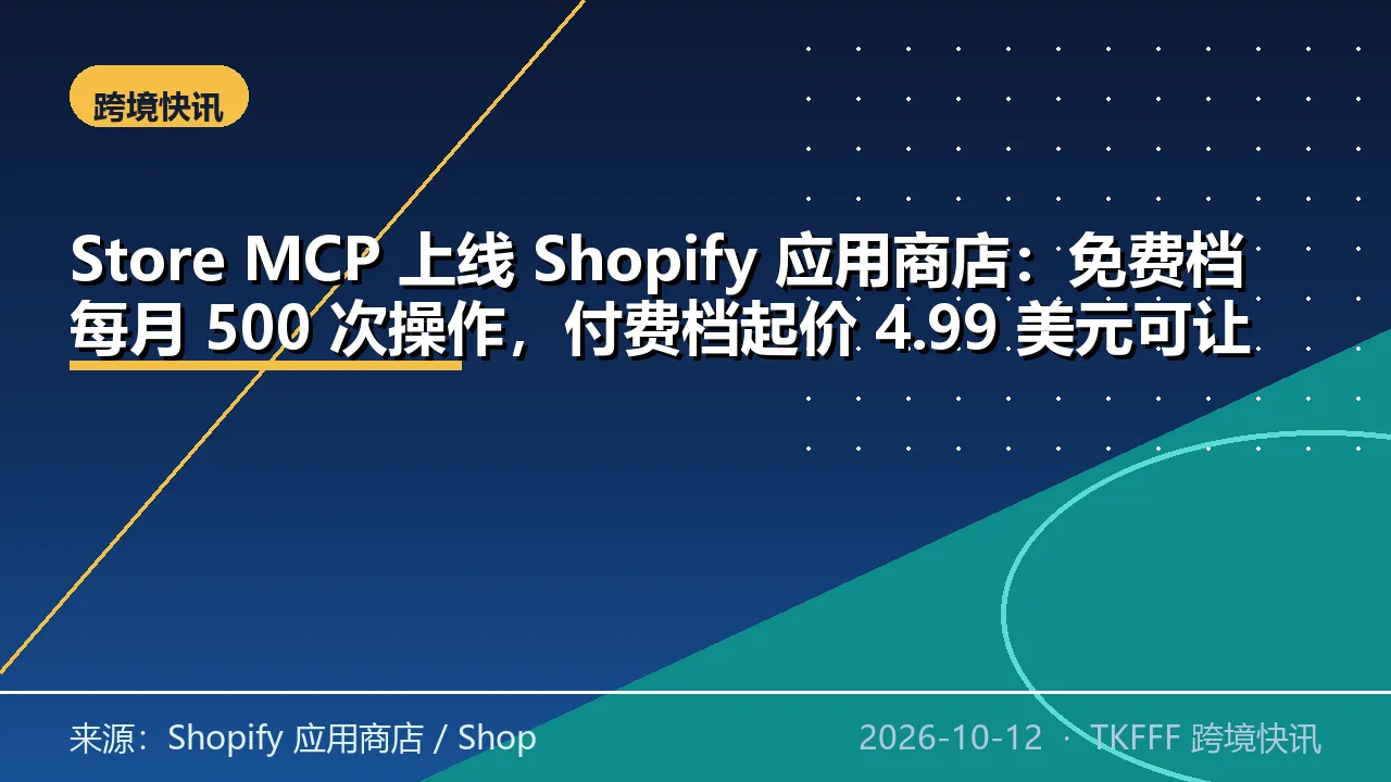 Store MCP 上线 Shopify 应用商店：免费档每月 500 次操作，付费档起价 4.99 美元可让 AI 改商品与库存