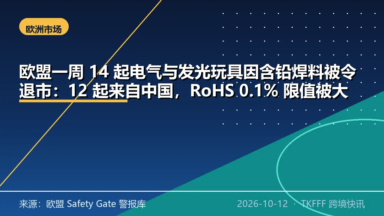 欧盟一周 14 起电气与发光玩具因含铅焊料被令退市：12 起来自中国，RoHS 0.1% 限值被大幅超出