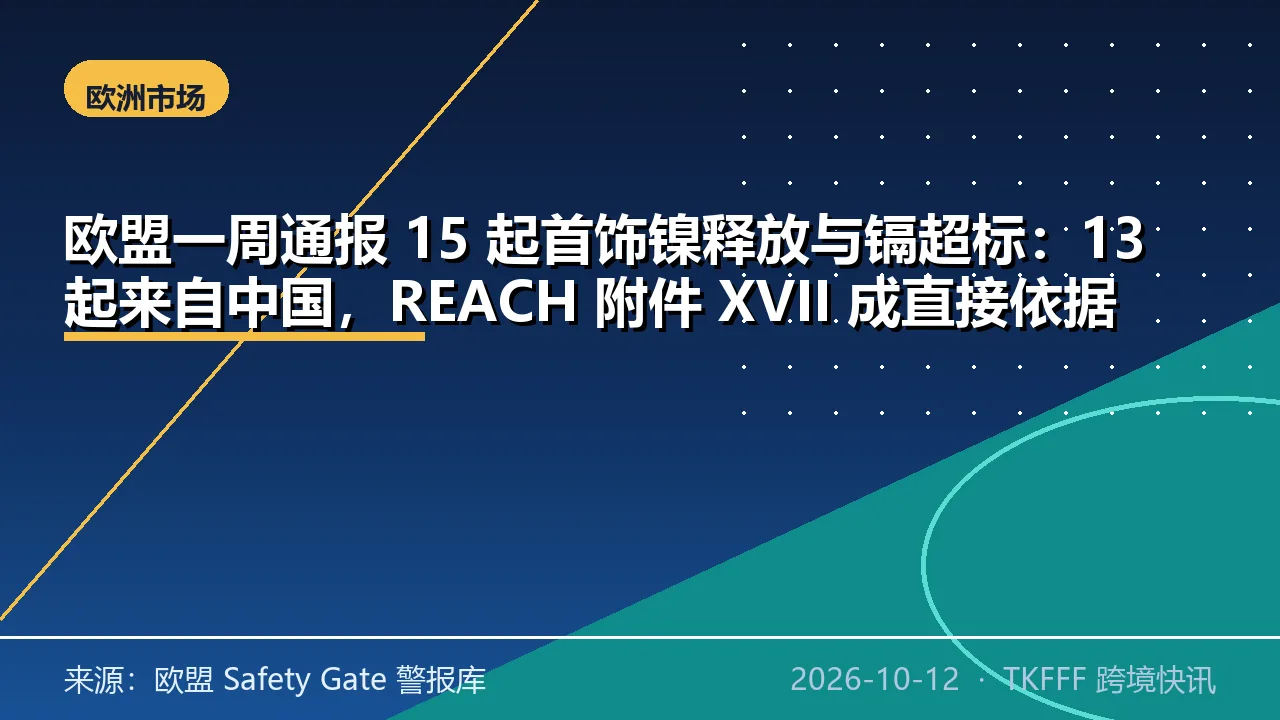 欧盟一周通报 15 起首饰镍释放与镉超标：13 起来自中国，REACH 附件 XVII 成直接依据