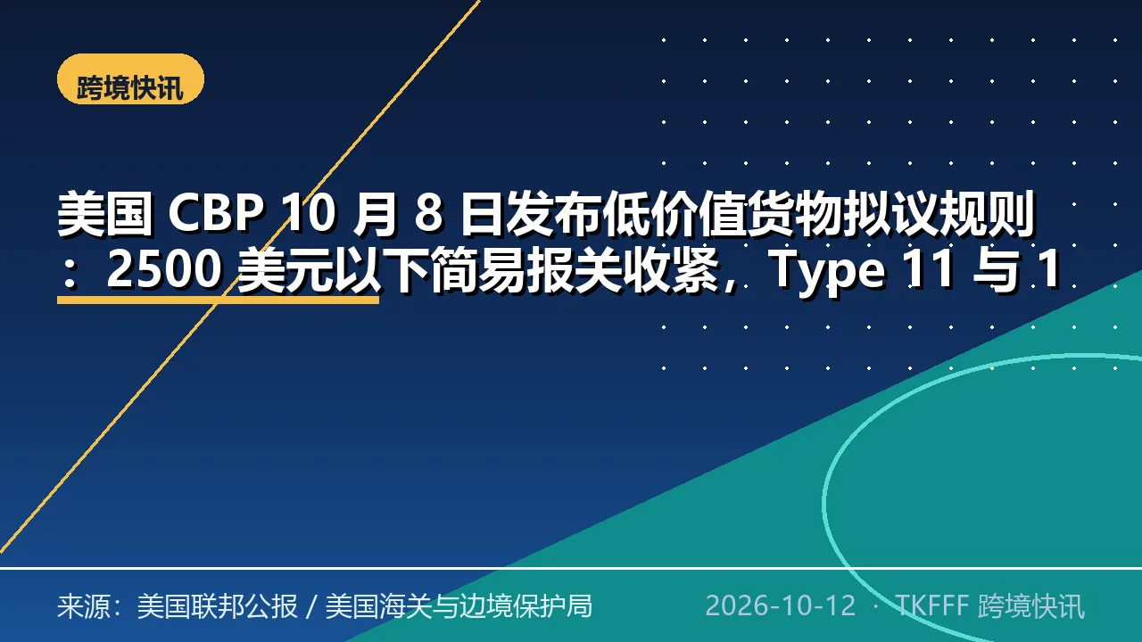 美国 CBP 10 月 8 日发布低价值货物拟议规则：2500 美元以下简易报关收紧，Type 11 与 13 须提交担保