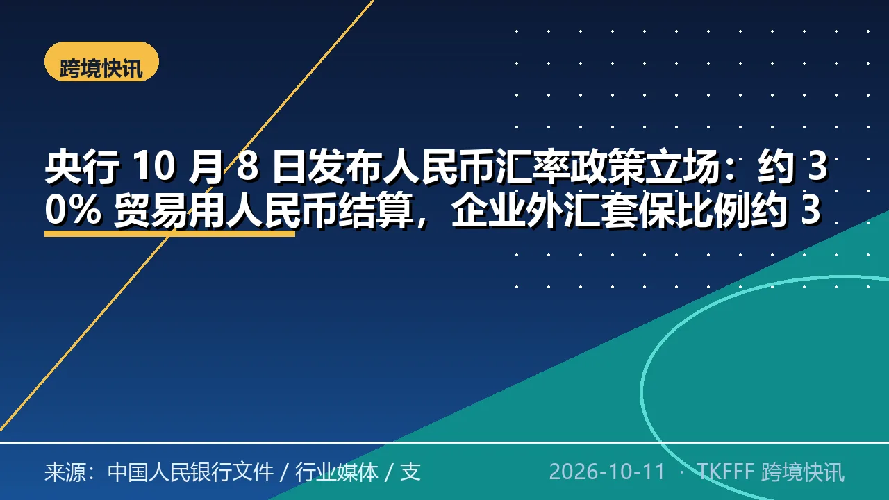 央行 10 月 8 日发布人民币汇率政策立场：约 30% 贸易用人民币结算，企业外汇套保比例约 30%