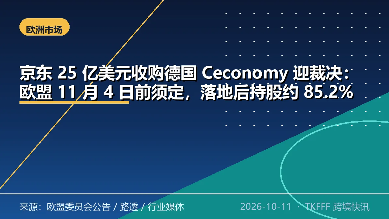 京东 25 亿美元收购德国 Ceconomy 迎裁决：欧盟 11 月 4 日前须定，落地后持股约 85.2%