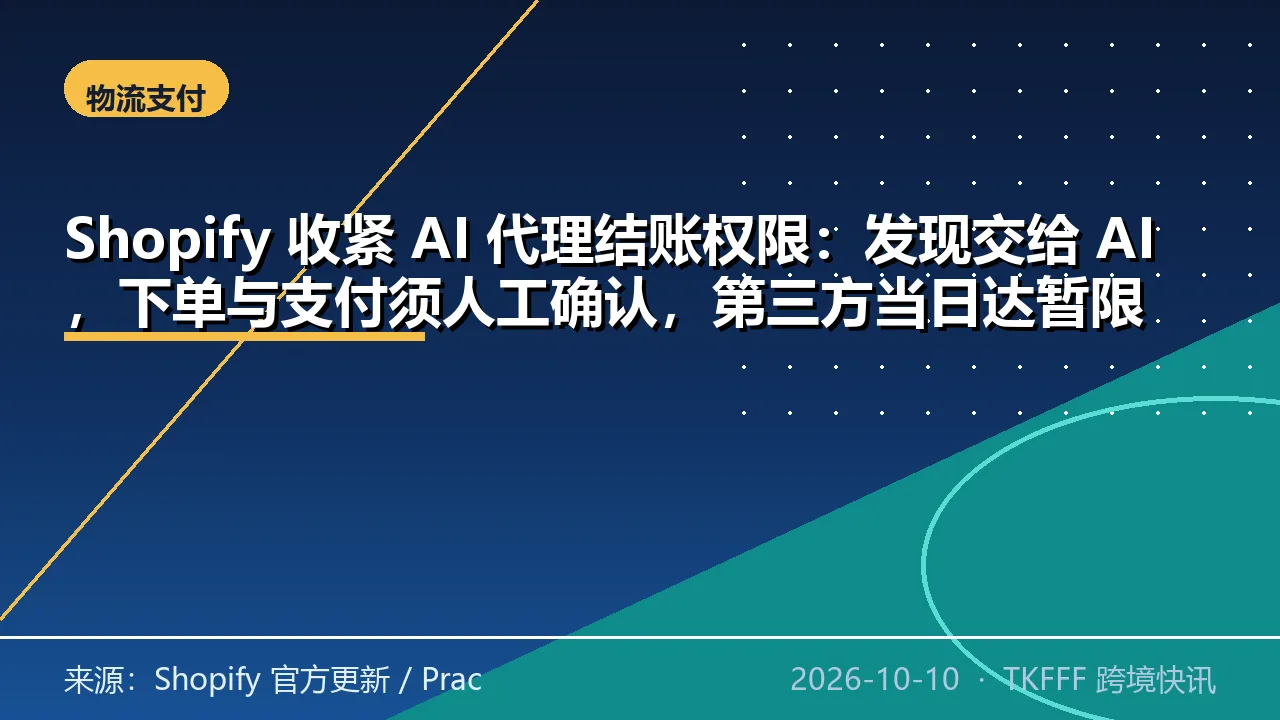 Shopify 收紧 AI 代理结账权限：发现交给 AI，下单与支付须人工确认，第三方当日达暂限加拿大四城