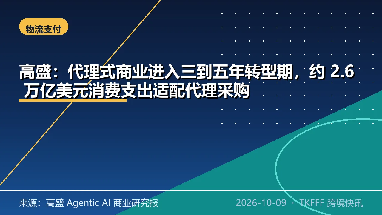 高盛：代理式商业进入三到五年转型期，约 2.6 万亿美元消费支出适配代理采购