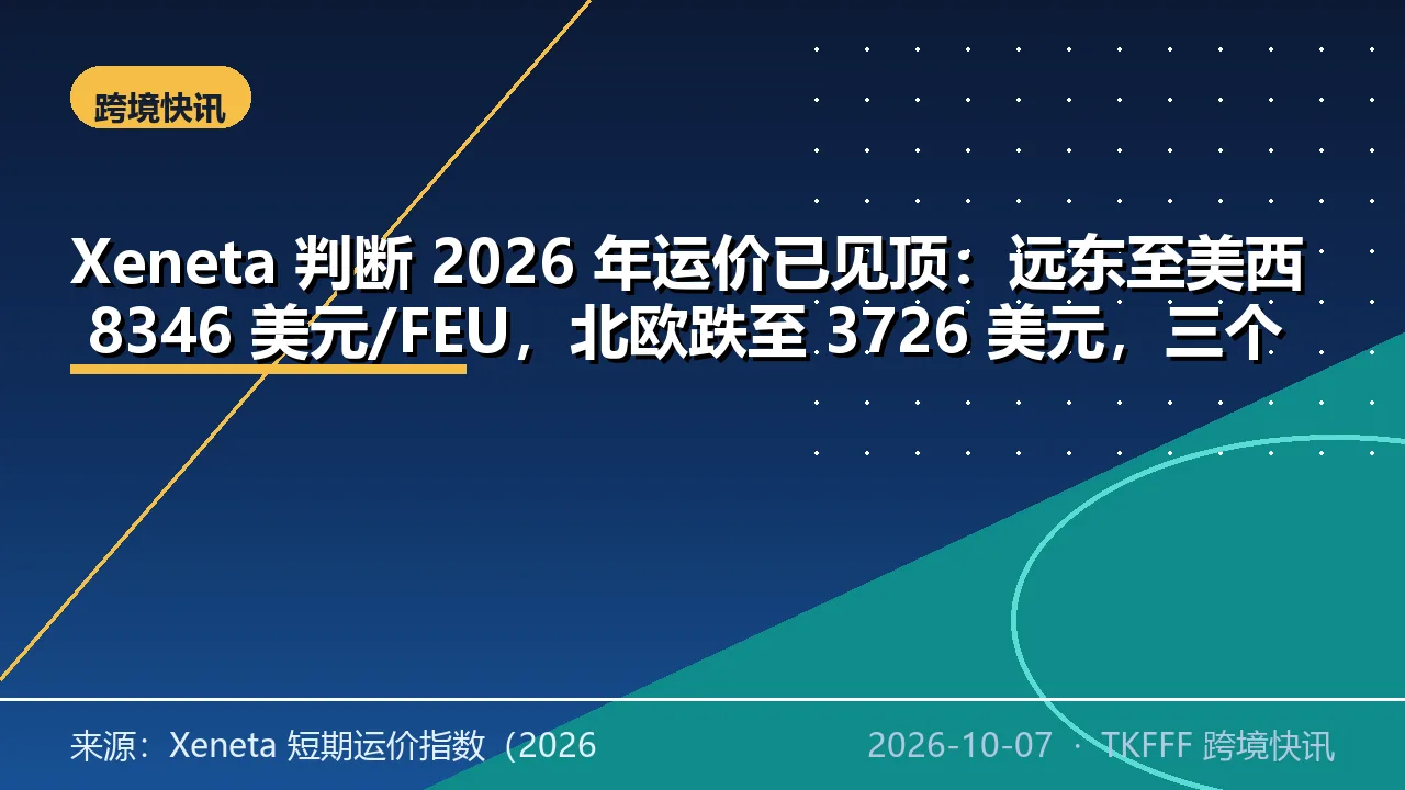 Xeneta 判断 2026 年运价已见顶：远东至美西 8346 美元/FEU，北欧跌至 3726 美元，三个月后或再降四成
