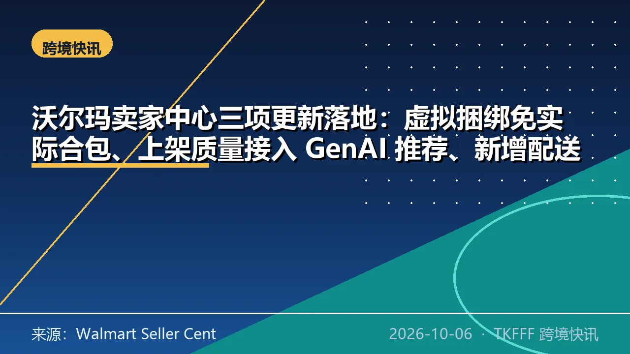 沃尔玛卖家中心三项更新落地：虚拟捆绑免实际合包、上架质量接入 GenAI 推荐、新增配送时效看板