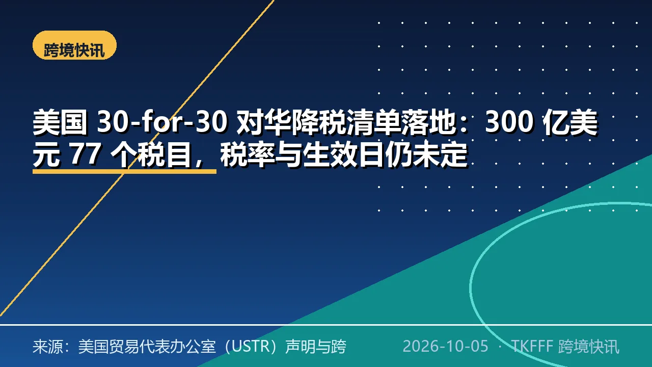 美国 30-for-30 对华降税清单落地：300 亿美元 77 个税目，税率与生效日仍未定