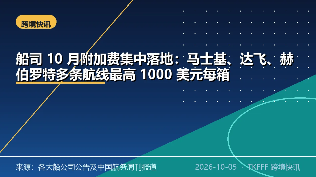 船司 10 月附加费集中落地：马士基、达飞、赫伯罗特多条航线最高 1000 美元每箱