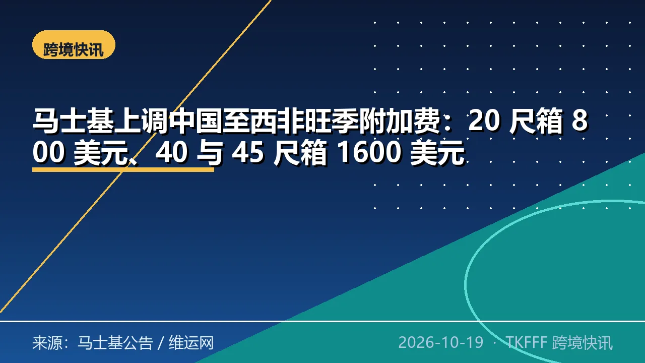 马士基上调中国至西非旺季附加费：20 尺箱 800 美元、40 与 45 尺箱 1600 美元