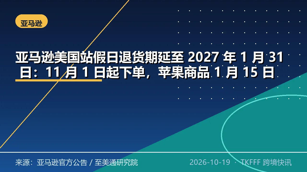 亚马逊美国站假日退货期延至 2027 年 1 月 31 日：11 月 1 日起下单，苹果商品 1 月 15 日截止