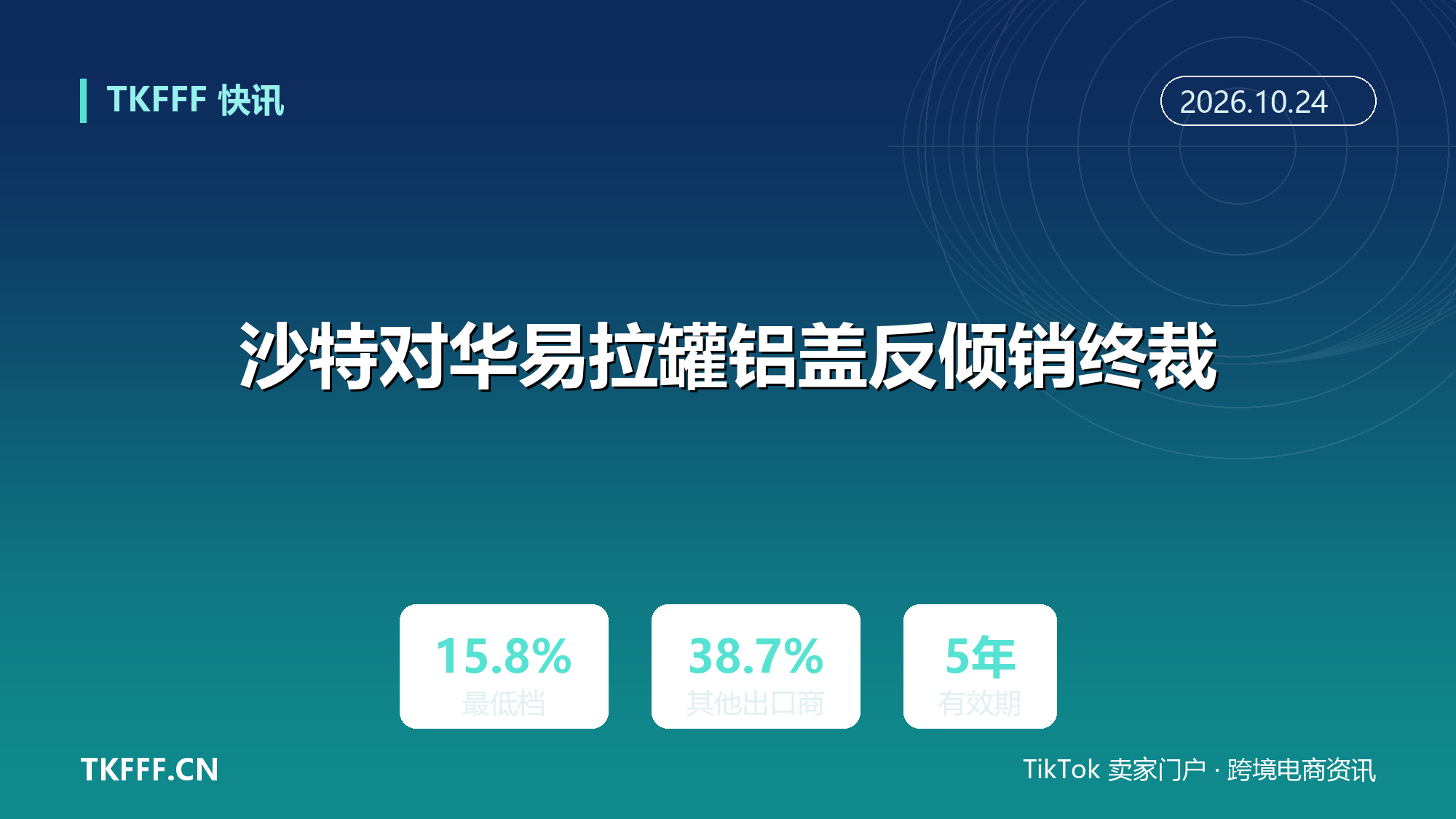 沙特对华易拉罐铝盖反倾销终裁：AD-25-2 三档 15.8%、18.3%、38.7%，有效期五年