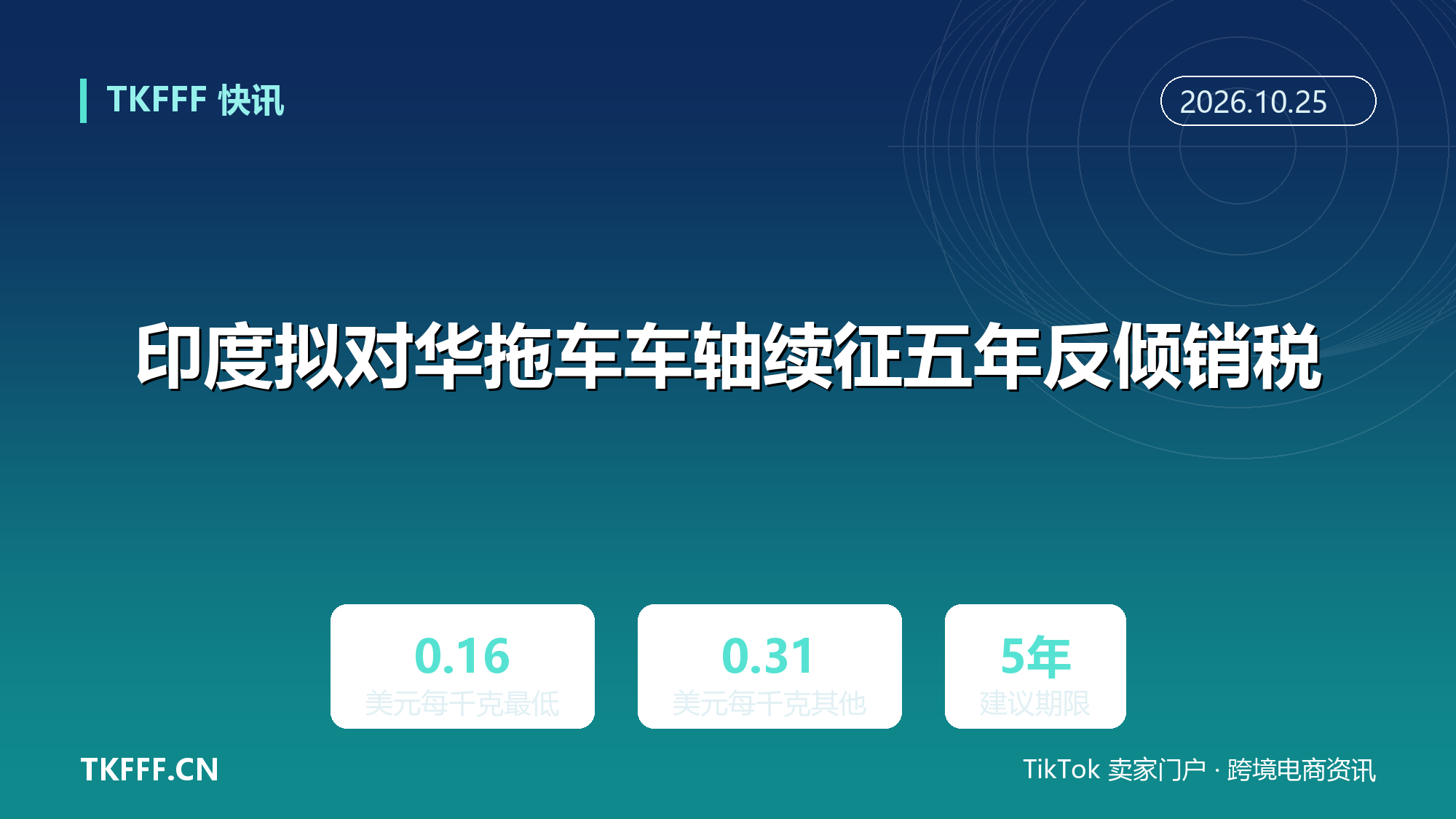 印度拟对华拖车车轴续征五年反倾销税：AD(SSR)-02/2026，0.16—0.31 美元/千克