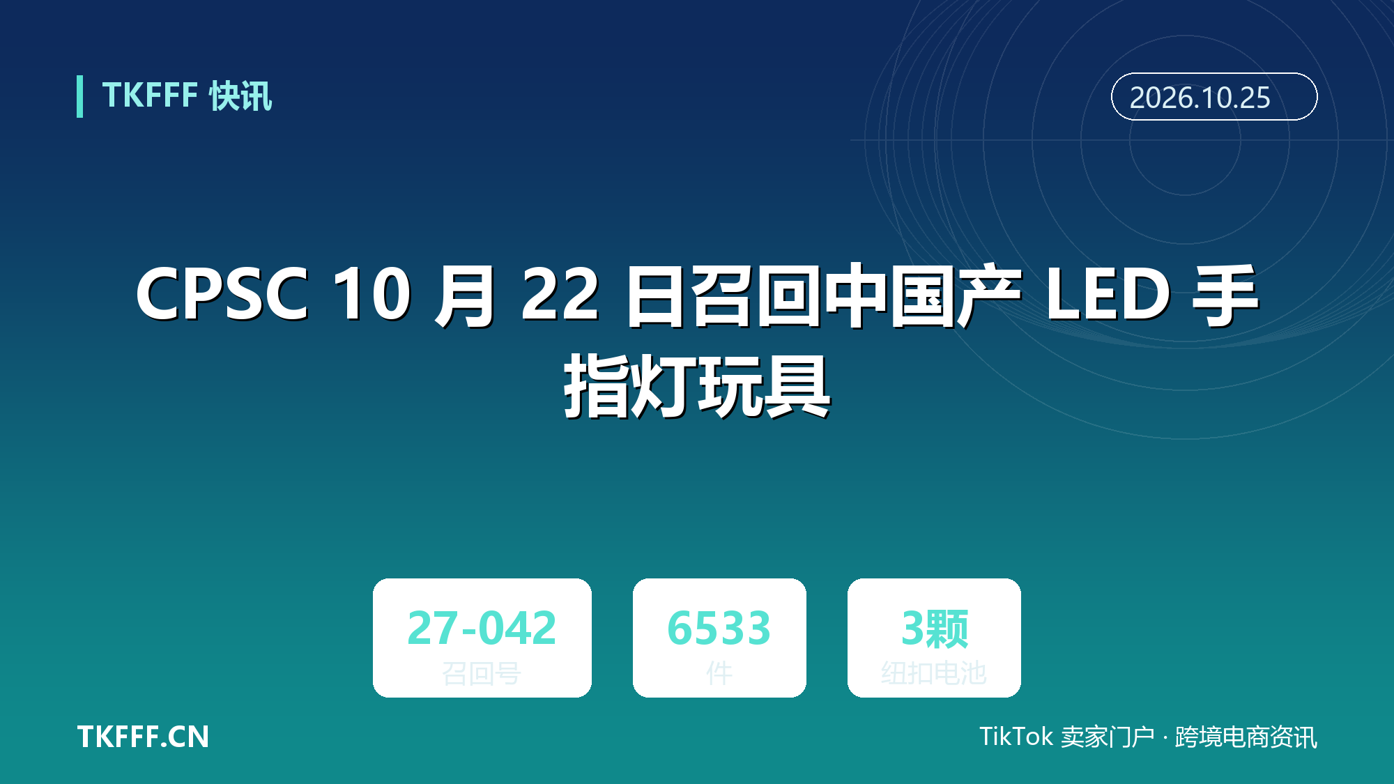 CPSC 10 月 22 日召回中国产 LED 手指灯玩具：27-042 号 6533 件，纽扣电池可取出